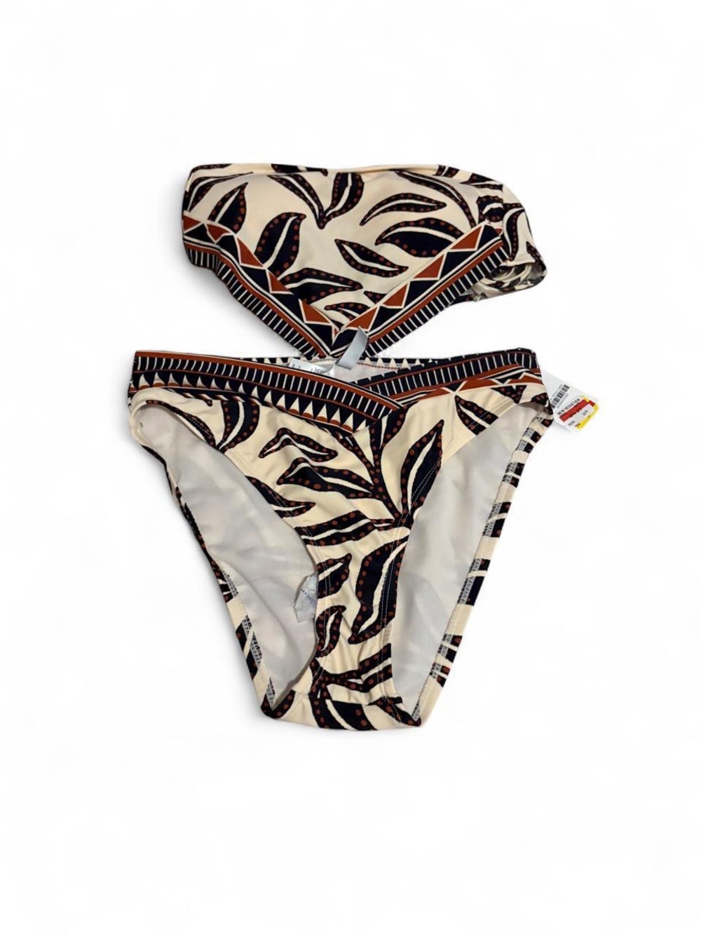 Two-Piece Bandeau Bikini - Cream with Black & Brown Leaf Print